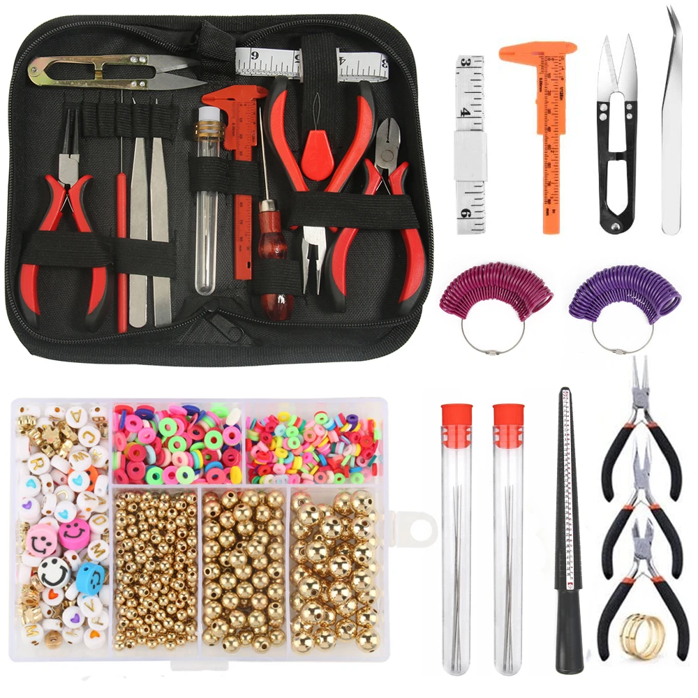 Jewelry Making Tool Kits Pliers Set With Round Nose Plier Side Cutting Pliers Wire Cutter Scissor Elastic Thread Tweezers
