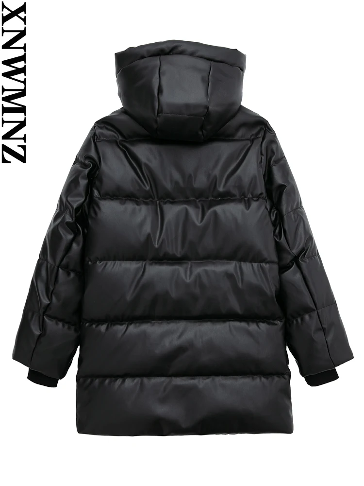 XNWMNZ Women Fashion Faux Leather PU Thick Thermal Padded Clothes Hooded Long Sleeve Zipper Female Chic Warm Jacket Outerwear