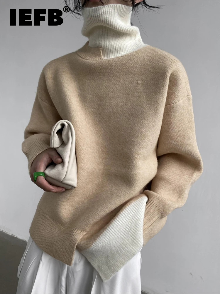 

IEFB Men's Casual Sweater Niche Contrast Color Irregular Design High Collar Knitted 2022 New Fashionable Pullover 9A1582