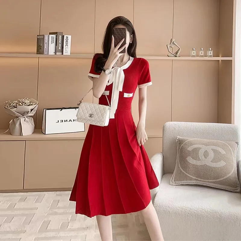 

Женское винтажное трикотажное платье, красное повседневное Элегантное Длинное Платье из вискозы с коротким рукавом и бантом, лето 2019