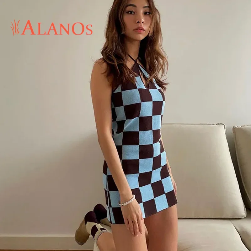 

ALANOS Summer Cross Sexy Mini Dress Sling Slim Dress Fashion Plaid Sleeveless Streetwear Y2k 2022 Women's Dresses
