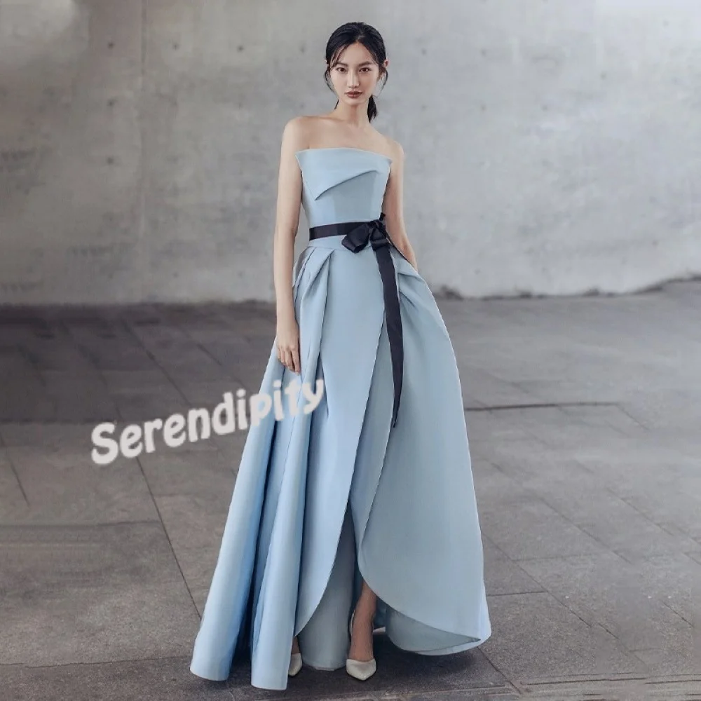 

Serendipity Satin A-Line Simple Korea Elegant Blue Bride Strapless Wedding Dress High Split Elegant Pleat For Romantic Women