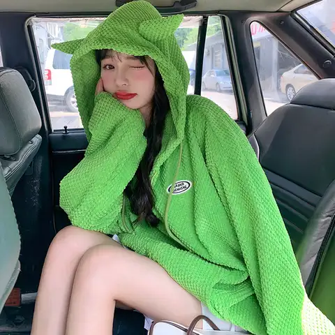 Green Soft Women Hoodies Knitting Demon Horns Zipper Autumn Winter Costs Jacket Loose Casual Streetwear 2022 Female Fashion