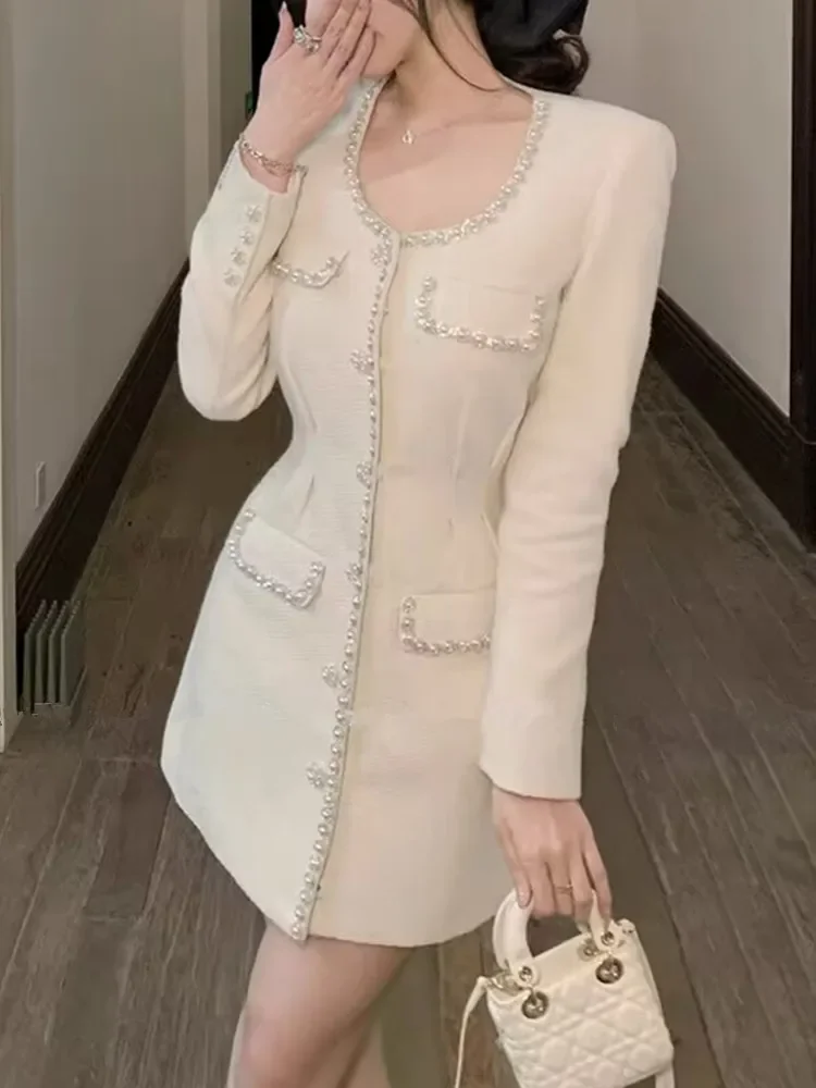 Подиумный дизайн женское твидовое шерстяное платье с круглым вырезом и длинным