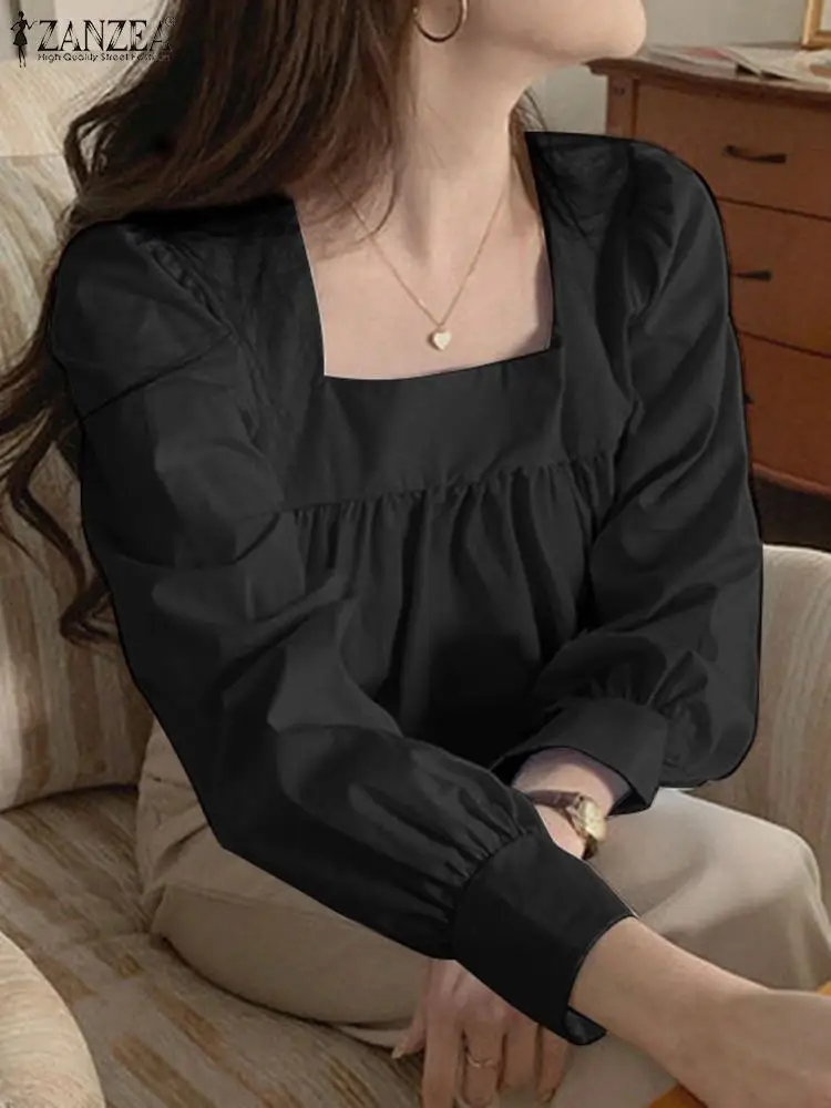 

Блузка ZANZEA с квадратным вырезом и пышными рукавами, модная Женская Осенняя блузка, Женская Повседневная Свободная однотонная туника в Коре...