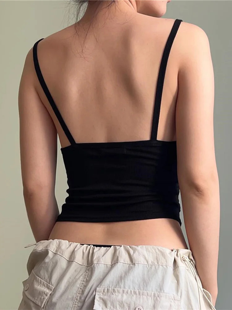 Топ на бретелях-спагетти с рюшами повседневный подходящий ко всему укороченный