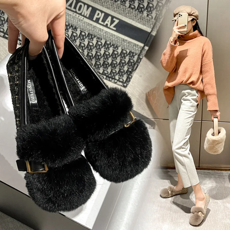 Winter Wool Shoes New Shallow Single Shoes Low Heel Leggings Rex Rabbit Hair Sweet Fashion Women's Shoes Bean Shoes