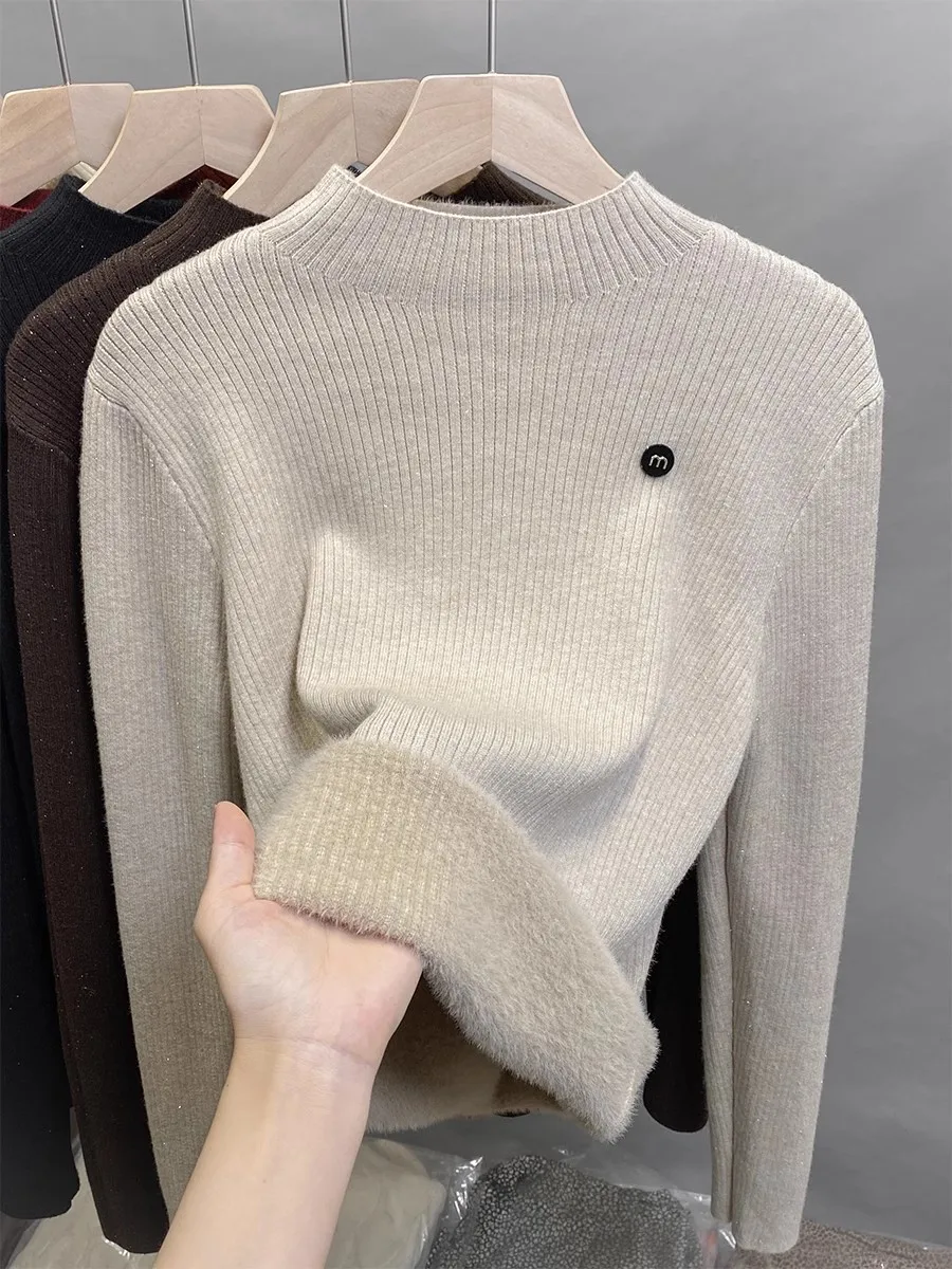 Однотонные яркие пуловеры свитера с воротником-стойкой флисовый теплый трикотаж