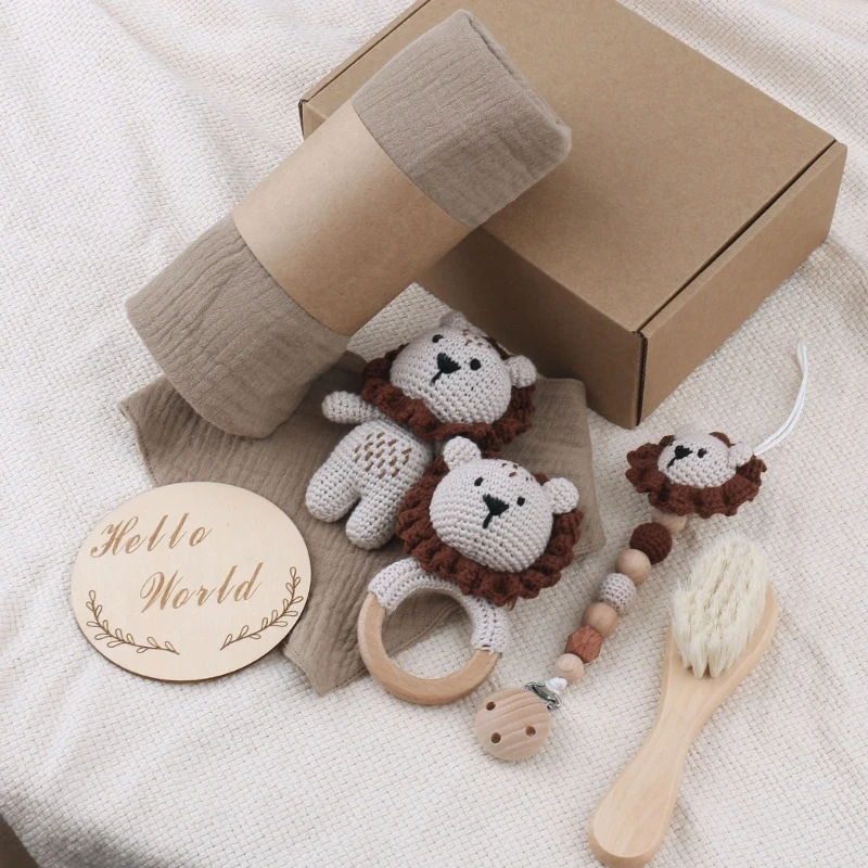 

Crochet-Lion Pacifier Clip Baby Rattle Teether Handbell Newborns Bath Toy Set