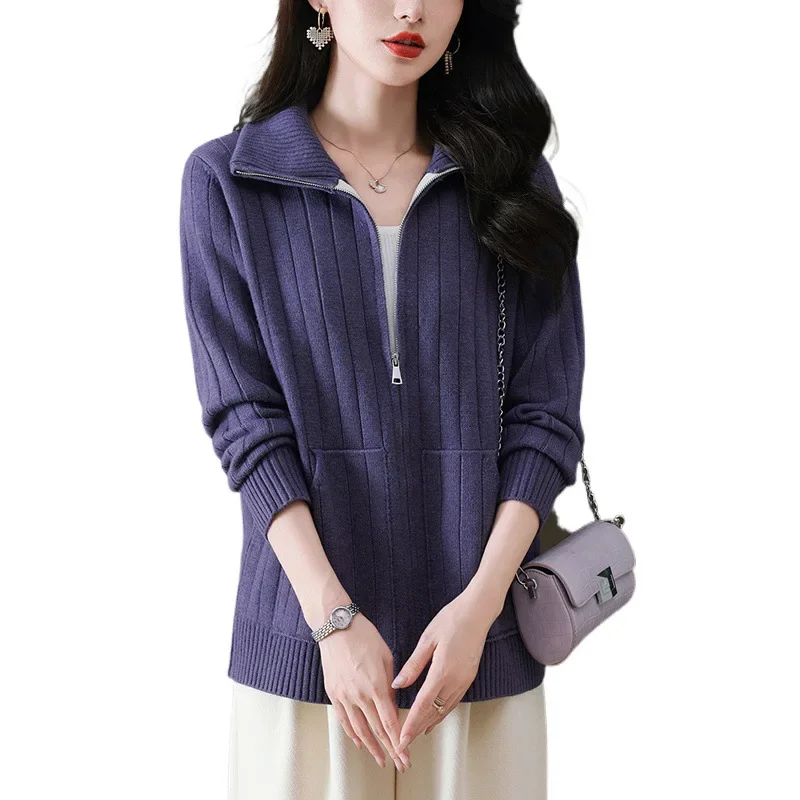 Новинка 2024 женский вязаный кардиган-поло/черепашка высококачественный свитер на