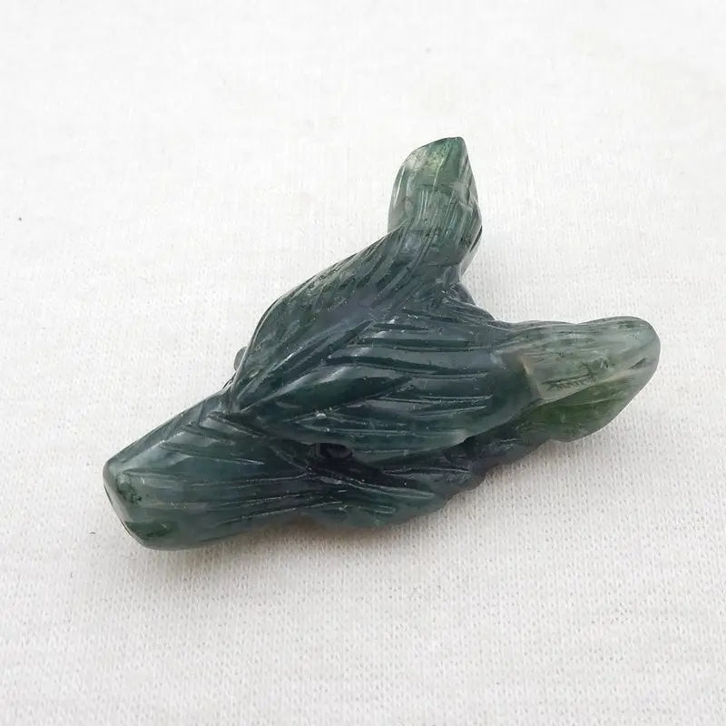 Natural Stone Moss Agate Handcarved Wolf Head Pendant Bead 38x25x13mm 12g Semiprecious Fashion Jewelry Necklace Accessories