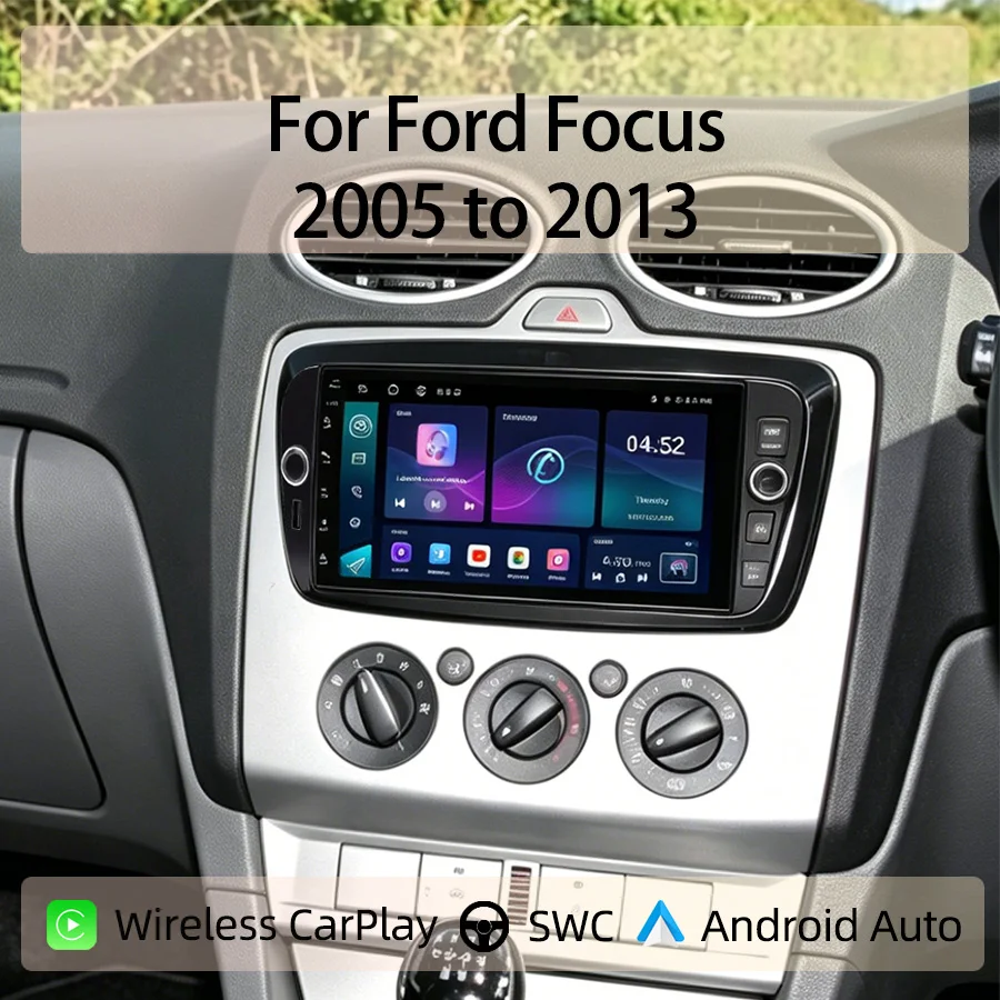 Фото 7-дюймовая автомобильная магнитола Android Type-C для Ford Focus 2005-2013 с беспроводным CarPlay, Android Auto, GPS-навигацией, Bluetooth и управлением с руля №1