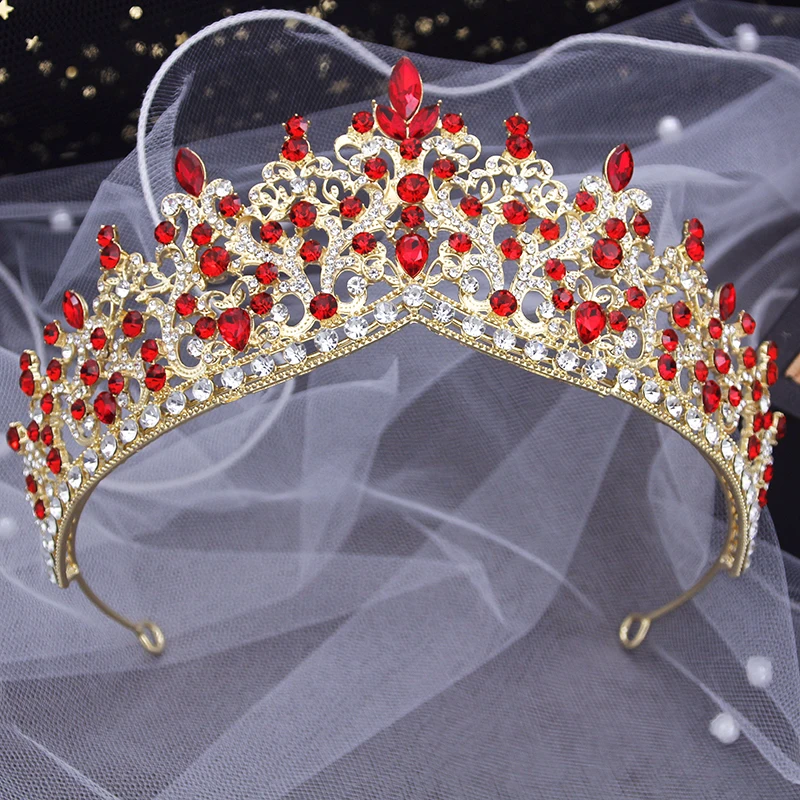 

Baroque Red Crystal Wedding Crown Royal Queen Tiaras Bridal Hair Jewelry Prom Diadem for Women Bride Headdress Accessories