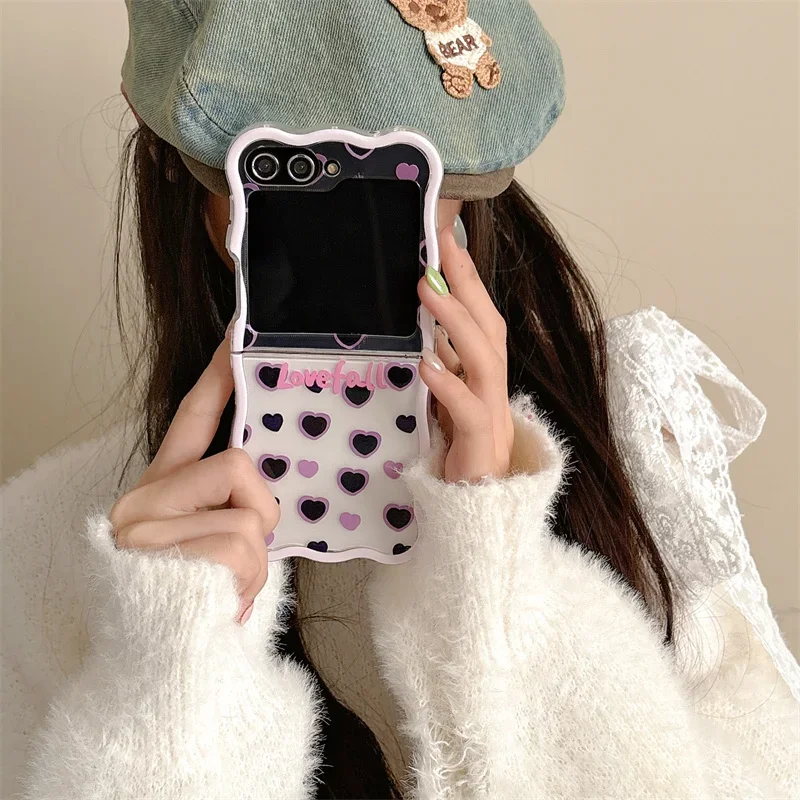Чехол-браслет Ins Love Heart для телефона Samsung Galaxy Z Flip 6 3 4 5 Wave прозрачный противоударный