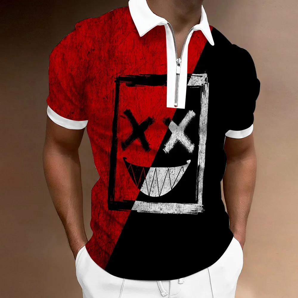 

New Summer Men's Short Sleeve Polo Shirt Interesting smiley Printing Lapel zipper TShirts High Quality Casual TrendOversized Top