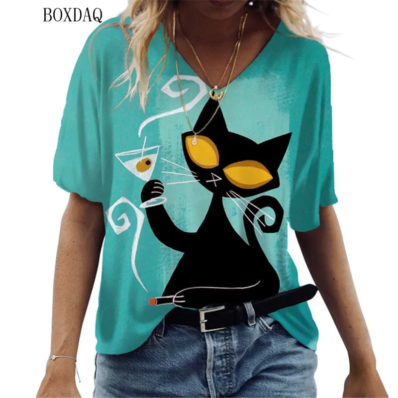 

Women's T-shirts Cute Cartoon Cats Graphics Short Sleeve T Shirt Summer 3d V-Neck Kawaii Fashion Casual Tee Funny Female Clothes