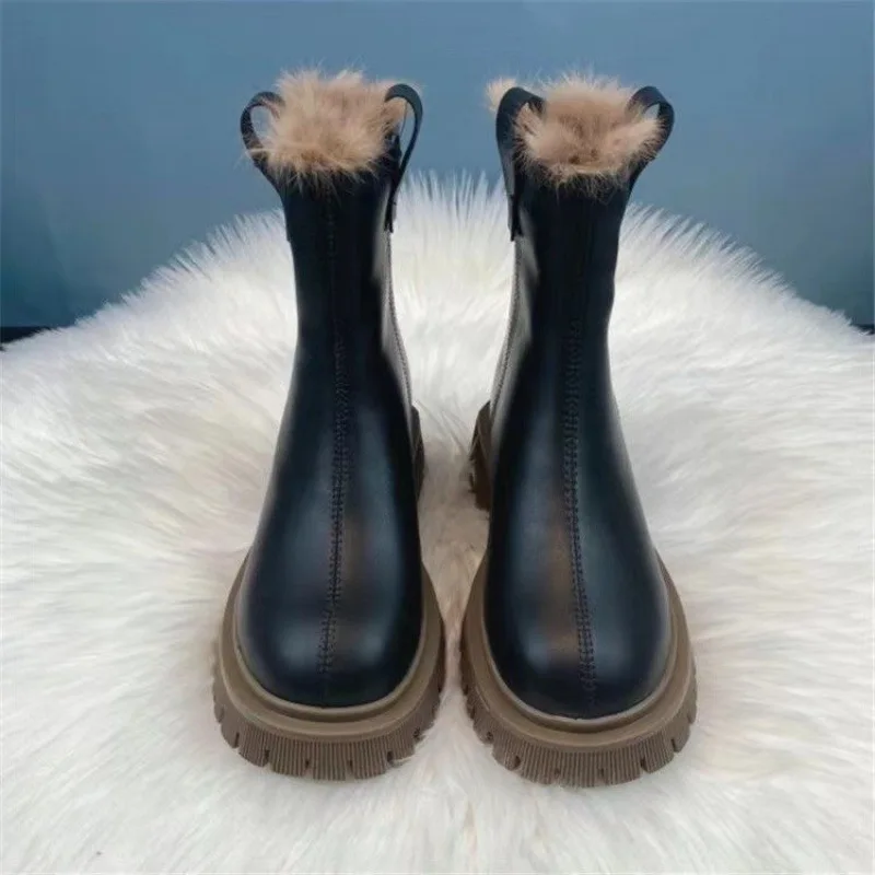 Женские ботинки на платформе с круглым носком Зимние Теплые ботильоны из