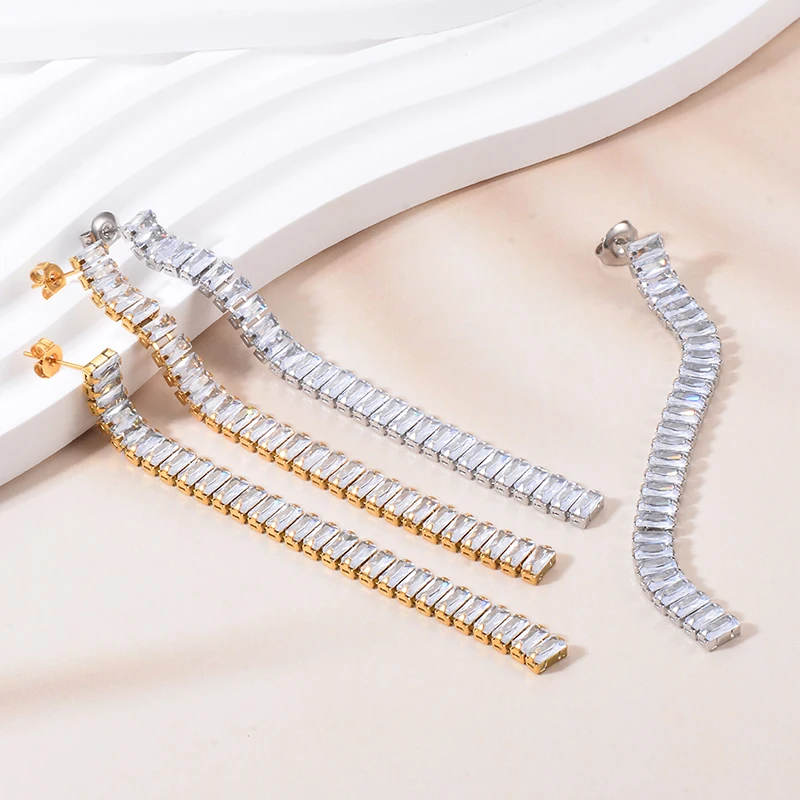 Изысканные роскошные серьги-кисточки из нержавеющей стали с блестящим кубическим цирконием, стильные очаровательные украшения, Женская водонепроницаемая бижутерия Изысканные роскошные серьги-кисточки из нержавеющей стали с блестящим кубическим цирконием, стильные очаровательные украшения, Женская водонепроницаемая бижутерия