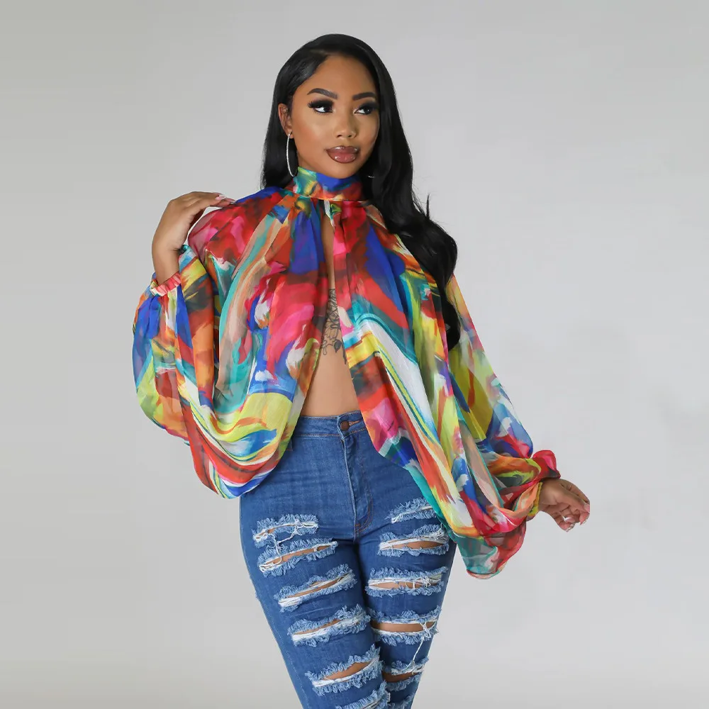 

2023 Women Fashion Printed Batwing Long Sleeve Chiffon Shirts Blouses Women Split See-Though Loose Party Club Tunic Tee Tops