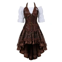 steampunk corset dress gothic pu leather corset crop top renaissance blouse with burlesque skirt three pieces set pirate costume