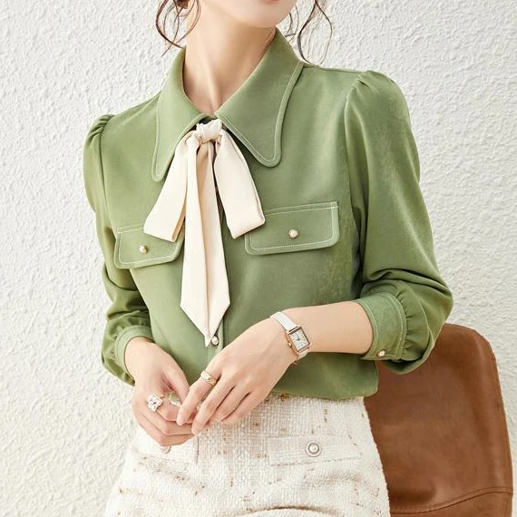 

Рубашка Женская осенне-зимняя укладываемая лента с бантом Женская осенне-зимняя Новинка 2021 модный дизайнерский воротник с кукольным ворот...