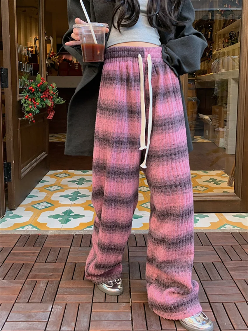 Женские уличные брюки PLAMTEE в полоску с широкими штанинами новинка 2024 плюшевые