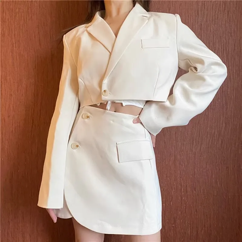 

Matching Set Blazer And Skirts Women England Style Navel Exposed Short Empire Blazer Feminino Femme Two Piece Set