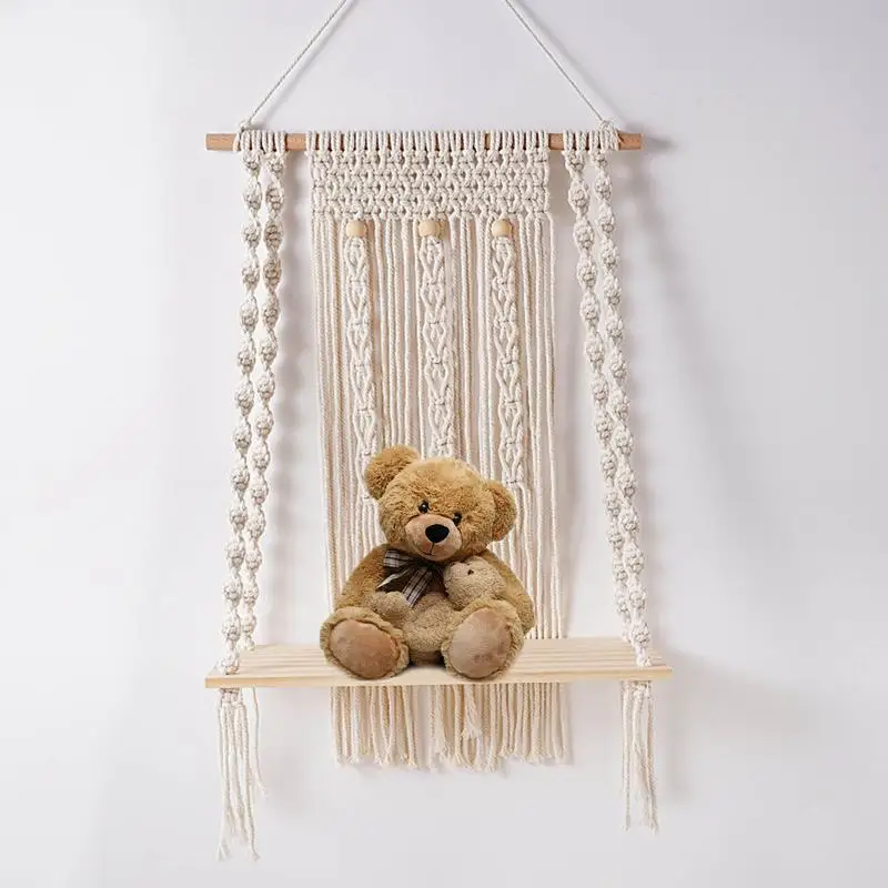 ramienna półka wieszak ścienny organizer w stylu boho ręcznie tkana lina roślina drewniany na kółkach