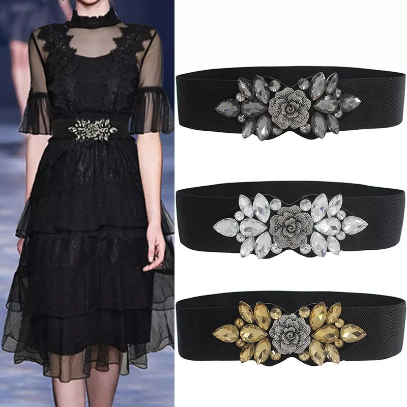 

Temperament Rose Rhinestone Belt Decorative Ladies Belt Luxurious Ladies Dress Down Jacket Decorated With Black Girdle