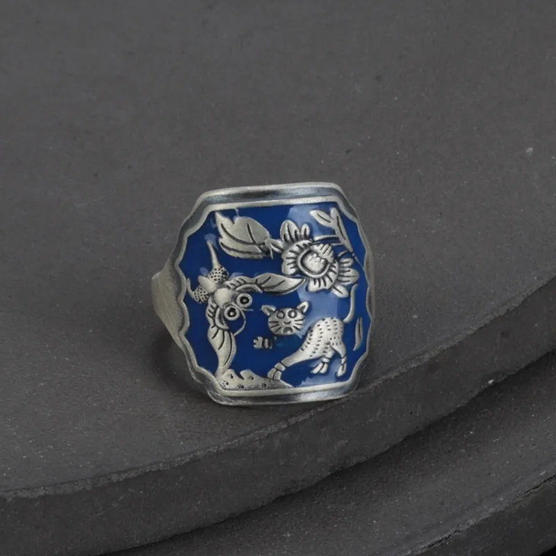 

S925 sterling silver burnt blue wide-faced antique ring female retro cute kitten wide version square index finger ring opening