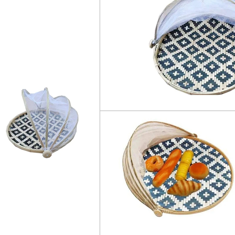 

Плетеная вручную бамбуковая корзина для еды, корзина для хранения фруктов, овощей, хлеба, крышка для пикника на открытом воздухе, сетчатая к...