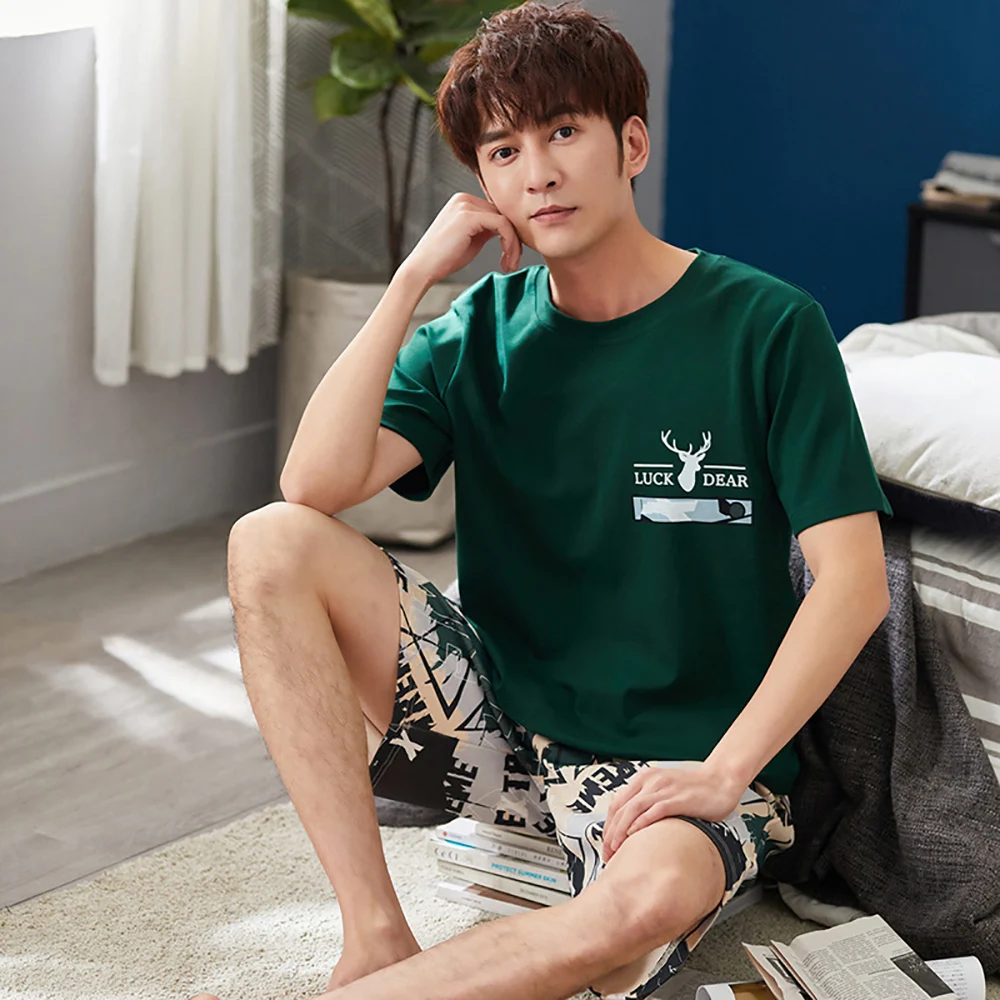 Summer 100% Cotton Pajama Man Cartoon Print Pijama+Fashion Letters Shorts Pajamas for Men  Casual Plus Size Sleepwear Pajama Set