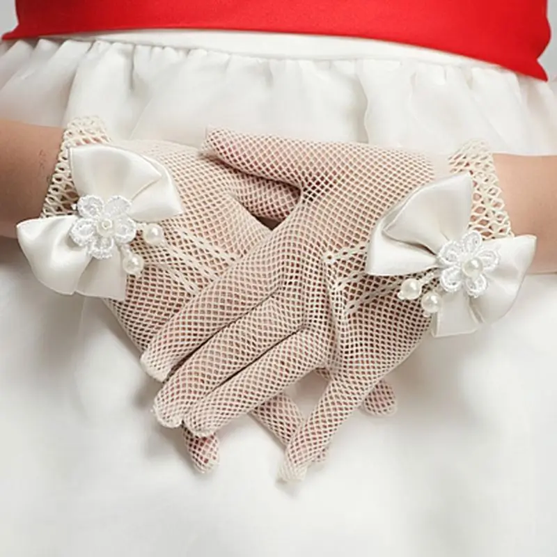 

Girls Wedding Princess Gloves Mesh Bowknot Party Children Girl Performance Glove Birthday Ceremony Celebration Accessories White