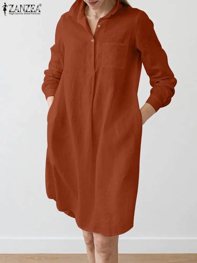 

ZANZEA 2022 Elegant Women Shirt Dress Autumn Lapel Neck Long Sleeve Solid Work Sundress Casual Loose Knee-length Vestidos Robe