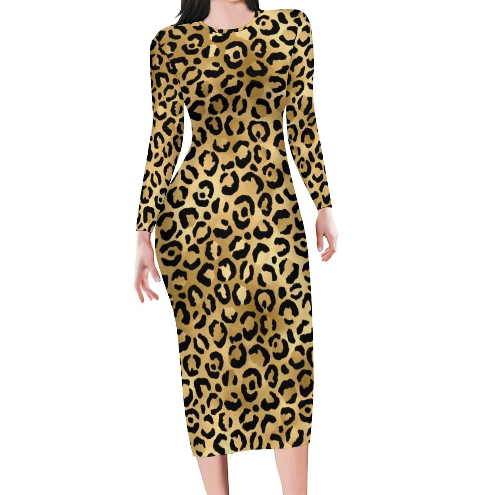 

Cheetah Animal Trendy Dress Long Sleeve Black Gold Leopard Print Stylish Street Dresses Bodycon Dress Graphic Oversized Clothes