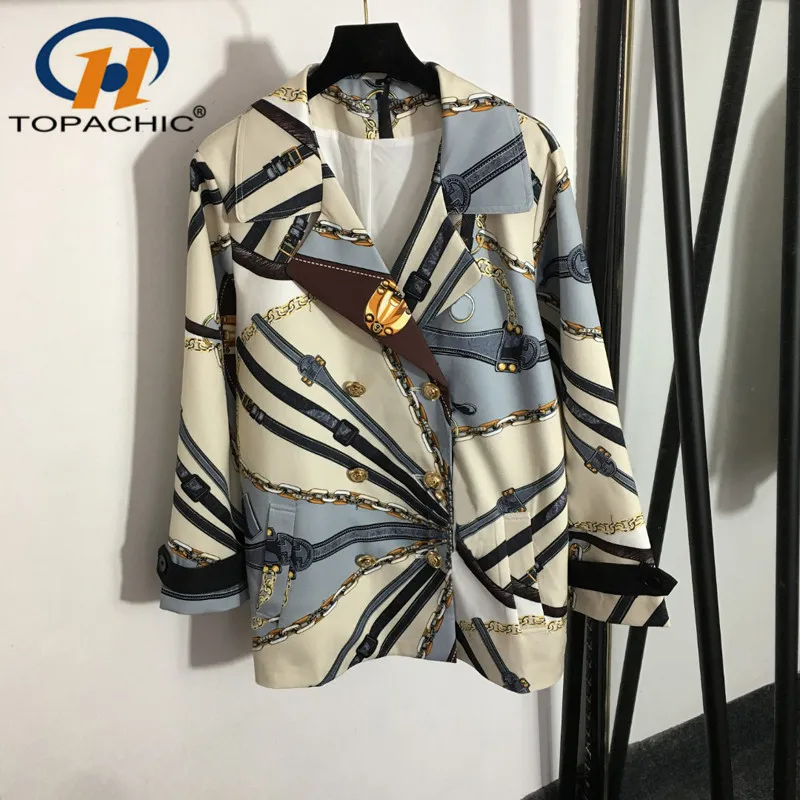 

8.25 High End Luxury Runaway Saddle Belt Chain Print Slim Double Breasted Long Blazer Coat Women