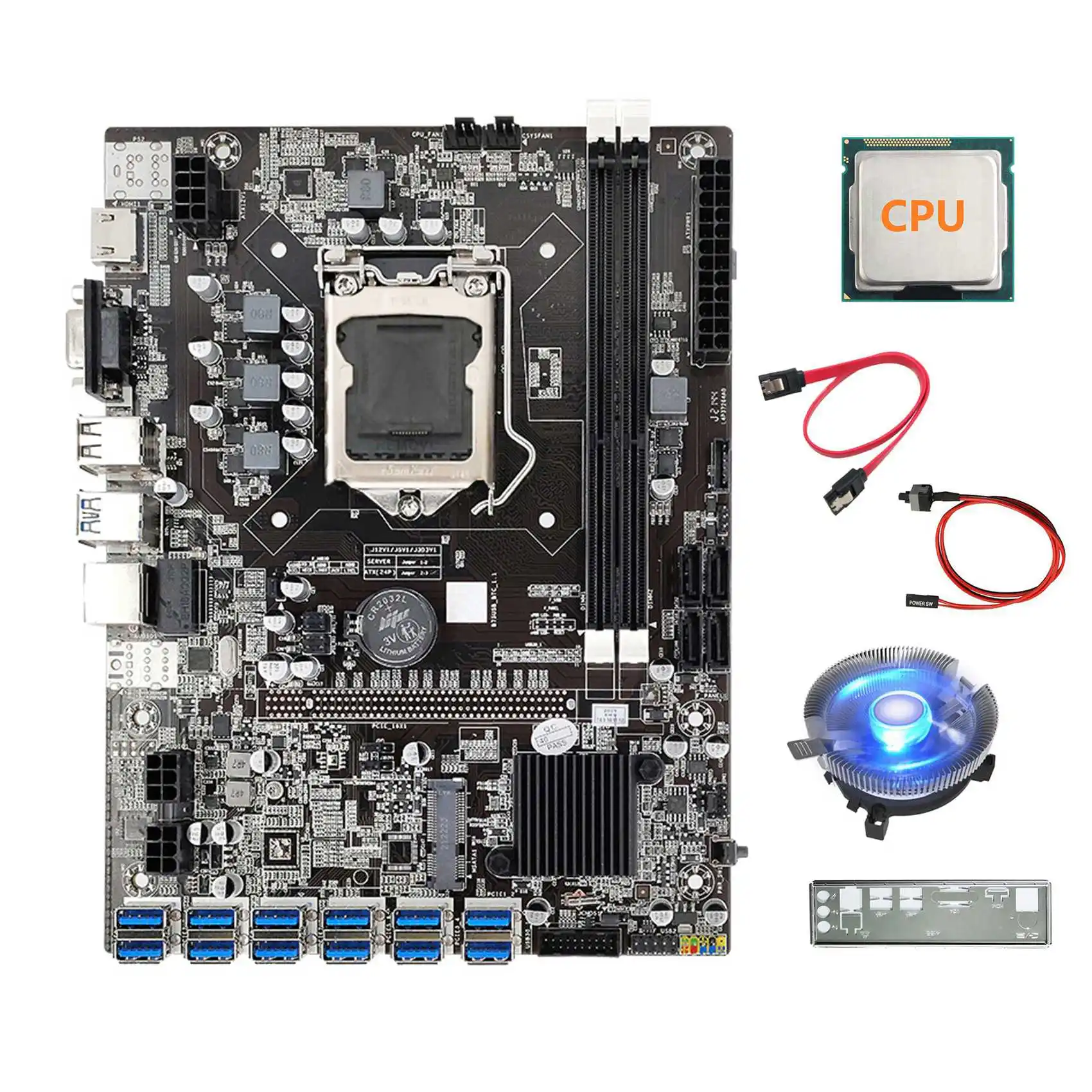 

B75 USB ETH Mining Motherboard+CPU+Baffle+SATA Cable+Switch Cable+Luminous Fan 12XPCIE to USB3.0 B75 BTC Motherboard