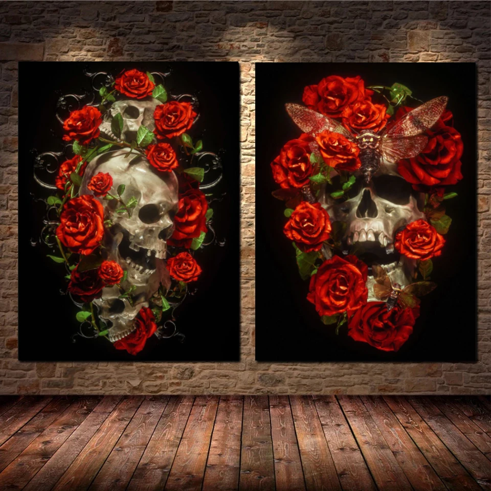 

Red Roses Flower Diamond Painting Skull 5d Diamond Embroidery Mosaic Picture Cross Stitch Kits Gothic Elegant Style Decor Home