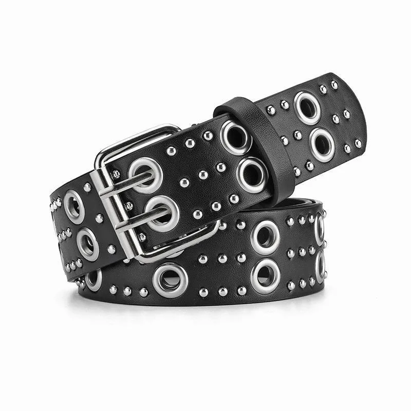 NEW Rivet Belt Goth Style Double Pin Buckle Women Fashion Casual Puck Style Pu Leather Waistband for Jeans Young