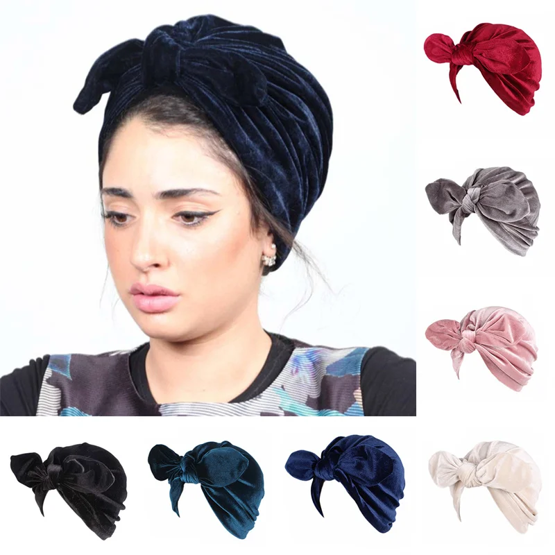 

Fashion bow velvet women head scarf turban ready to wear inner hijabs femme musulman hijab caps India wrap turbante mujer