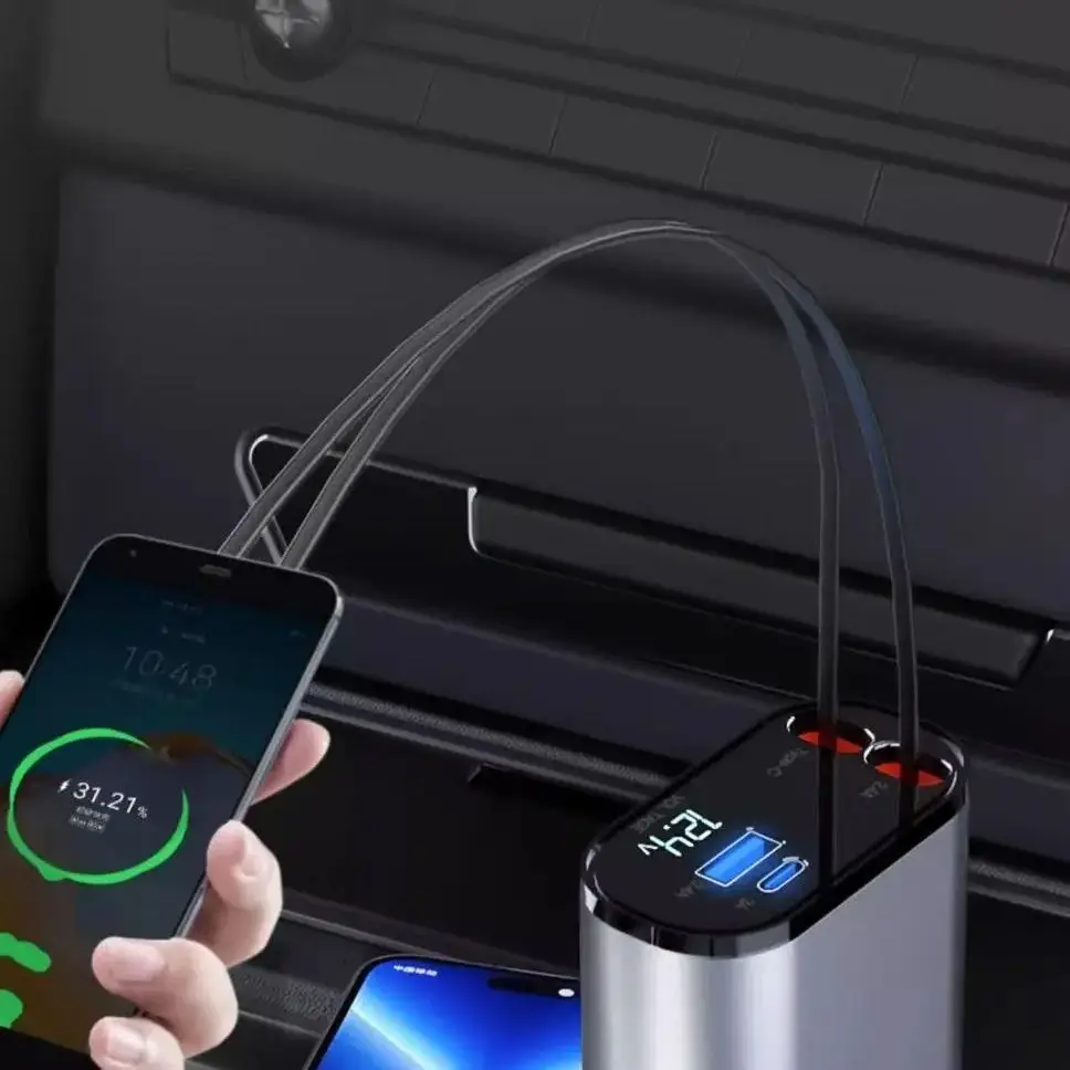 Автомобильное зарядное устройство 4 в 1, 100 Вт, выдвижной кабель USB Type-C, шнур для быстрой зарядки, прикуриватель для iPhone/Xiaomi/Samsung