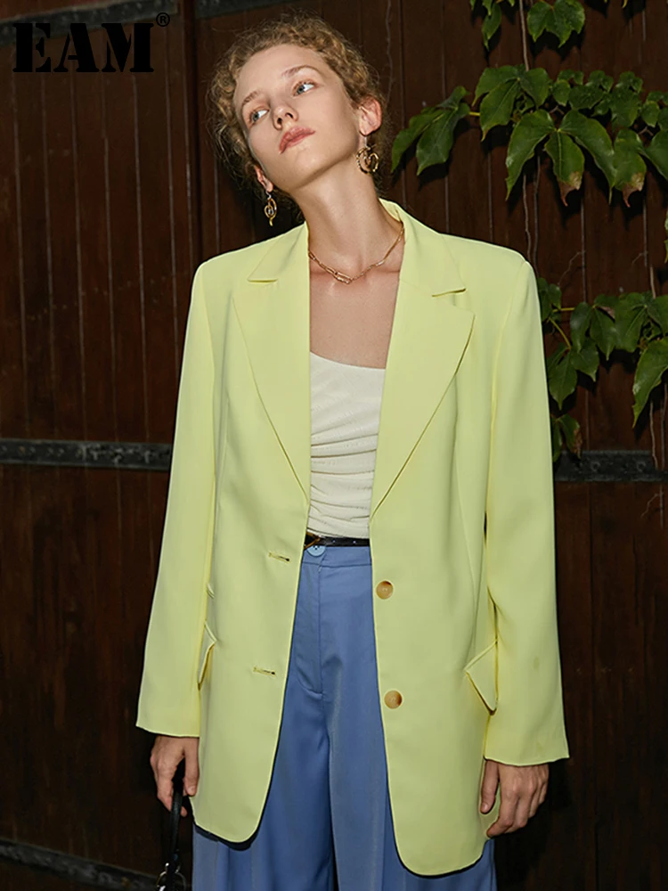 

[EAM] Women Yellow Hollow Out Big Size Blazer New Lapel Long Sleeve Loose Fit Jacket Fashion Tide Spring Autumn 2022 1DE1669