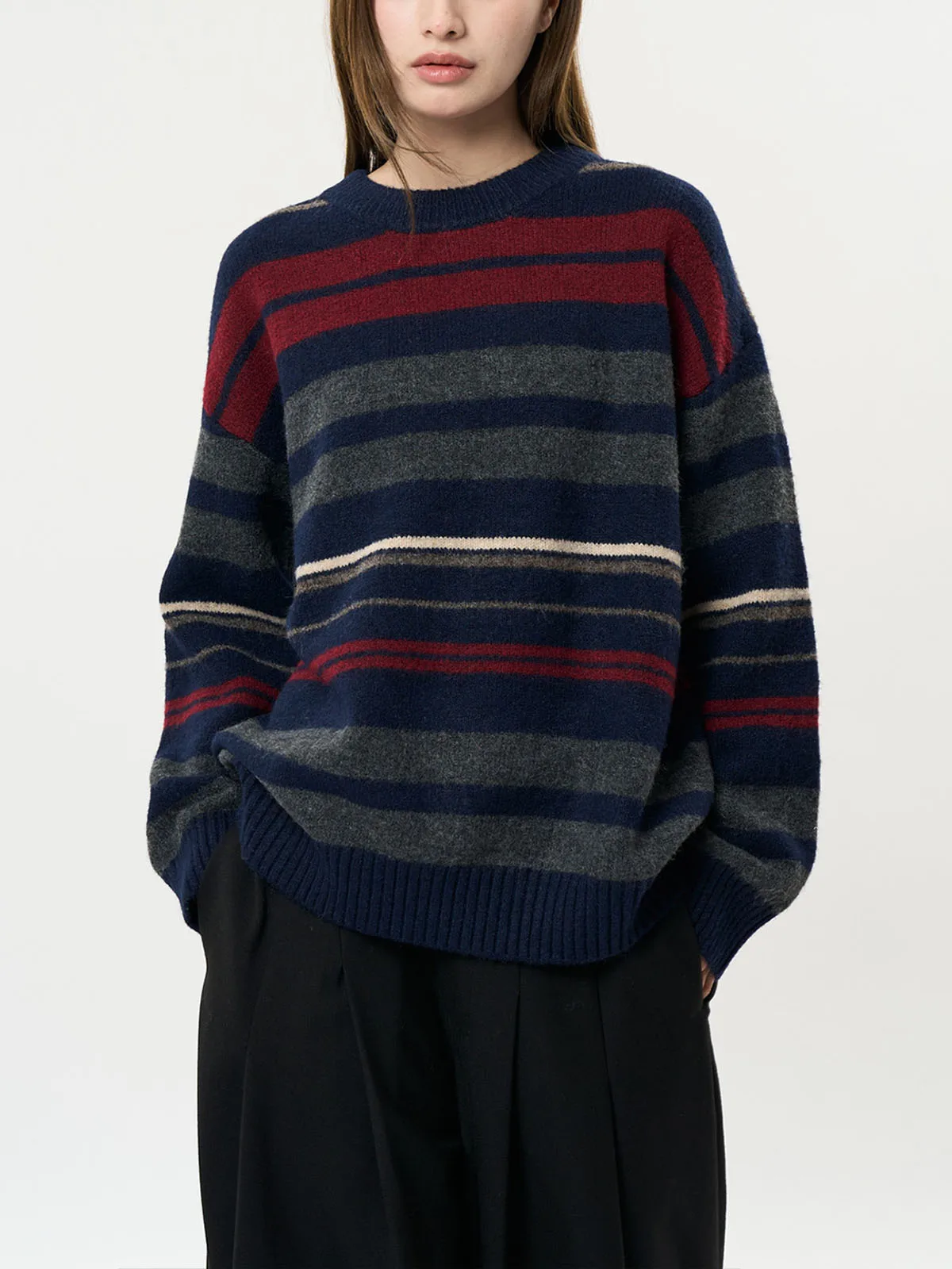 Винтажный свитер большого размера в полоску с круглым вырезом джемпер пуловер