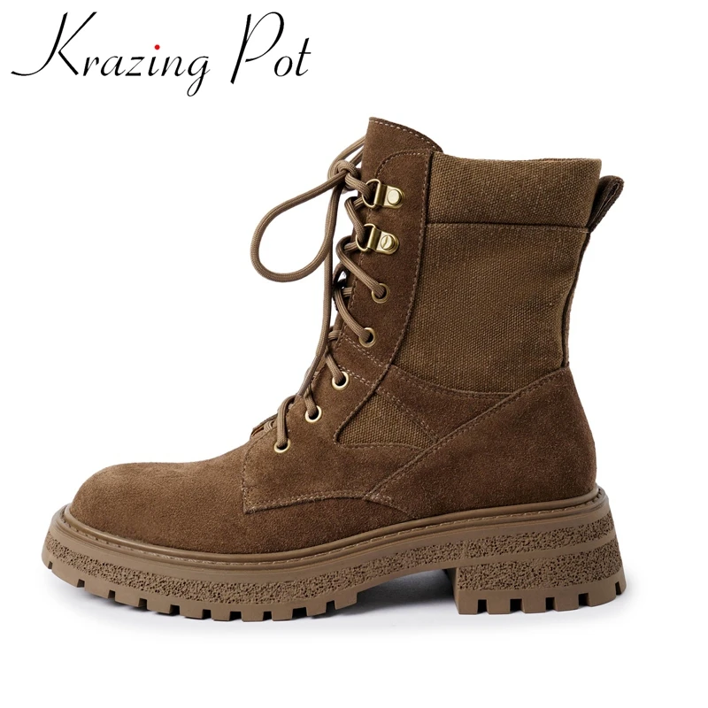 

Krazing Pot Cow Suede Round Toe Med Heels Fashion Boots Thick Bottom Causal Sporty Chic Joker Rivets Cross-tied Ankle Boots