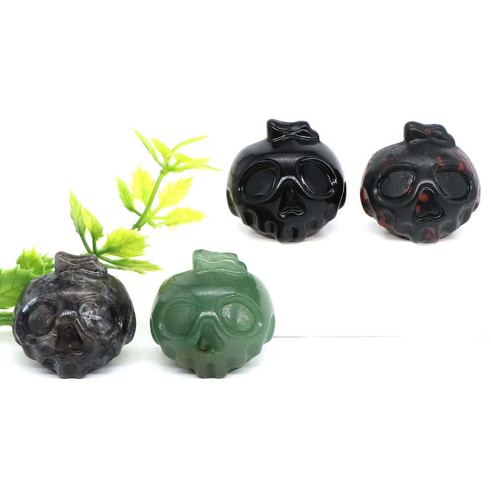35mm Skull Pumpkin Head Natural Stone Carved Healing Crystals Statue Evil Ghost Monster Eye Ornaments Halloween Home Decorations