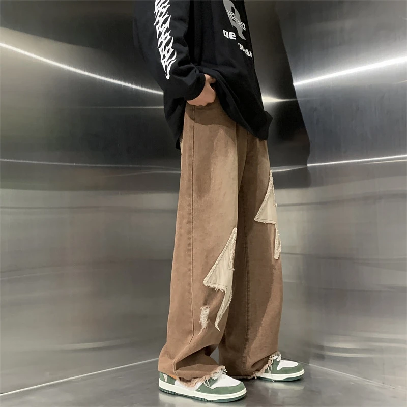 

2023 High Street Lightning Patchwork Vintage Brown Men Baggy Jeans Pants Hip Hop Straight Loose Long Trousers Pantalones Hombre