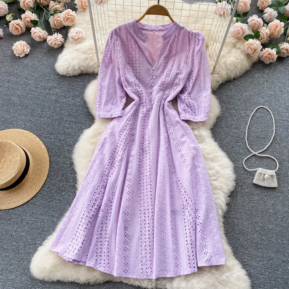 

French Women Summer Chic Dress 2022 Hollow Out V Neck Single Breasted Zipper Vacation Ladies A Line Solid Dresses