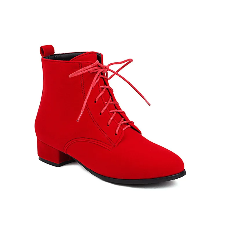 

Lady Wedding Red Boots Square Heel 3cm Flock Shoes For Spring Lace-Up Rinding Ankle Botas Wide Fitting 43-3 Brown Yellow Fashion