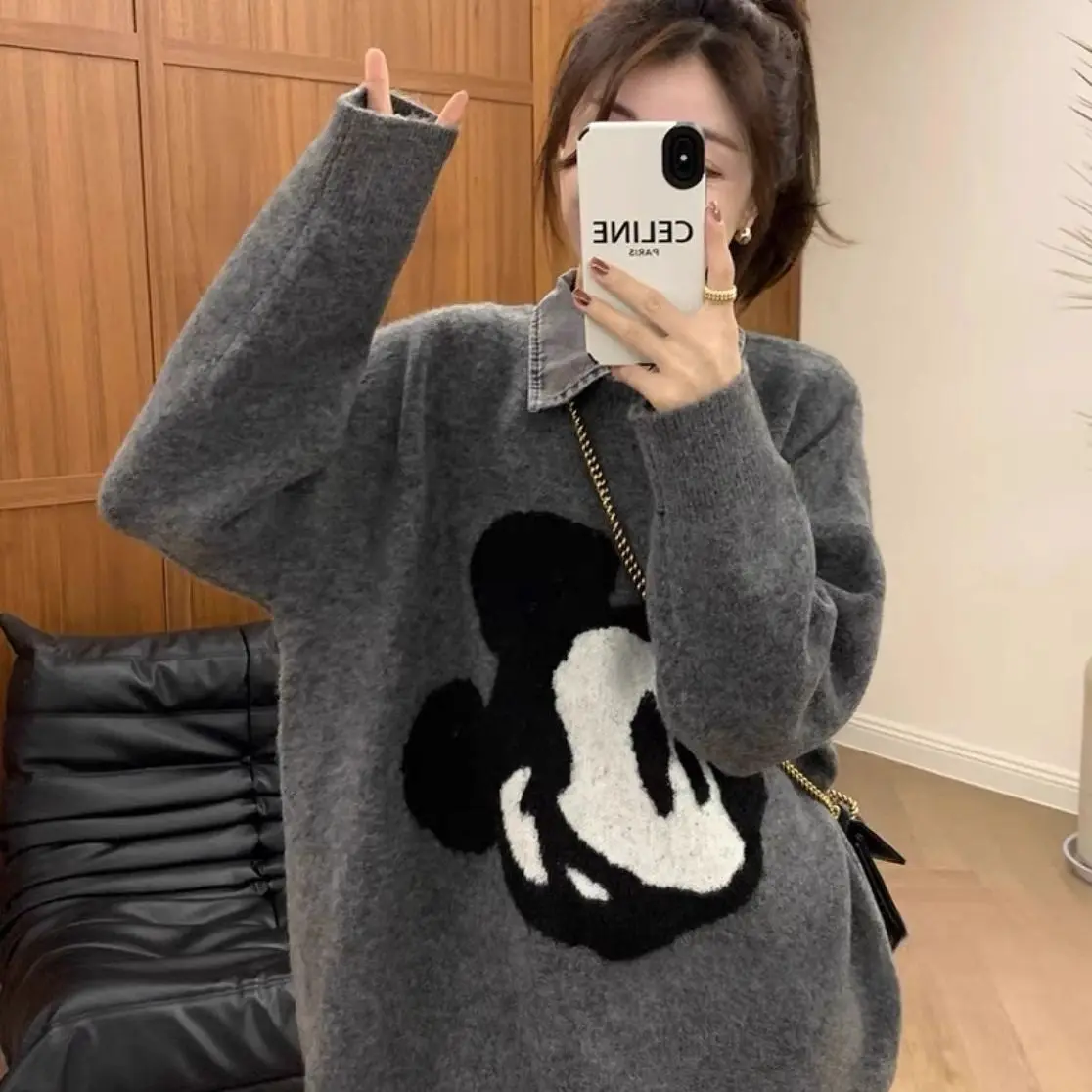 Жаккардовый ковбойский женский свитер с героями мультфильмов осень-зима средней