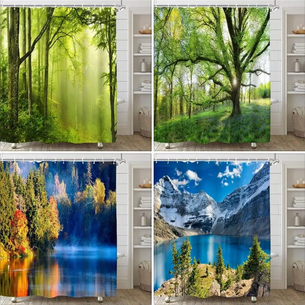 

Nature Shower Curtain Green Plants Tropical Forest Landscape Hanging Curtain Polyester Fabric Bathroom Decoration Set With Hooks